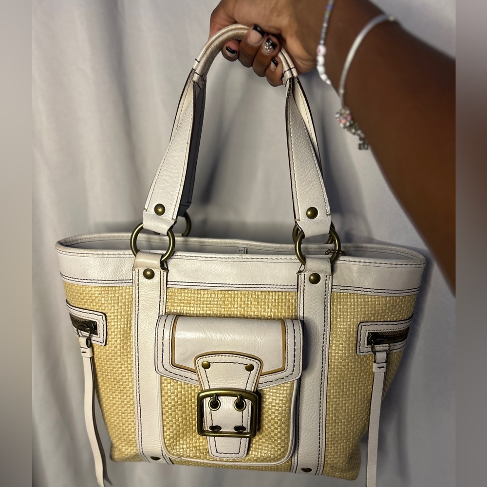 COACH Legacy Natural Woven Straw White Leather Trim  Boho Tote Handbag Purse